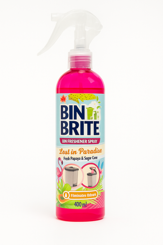 Bin Brite Spray pentru reîmprospătarea coșului de gunoi – Lost in Paradise | 400ml | Papaya & Trestie de zahăr