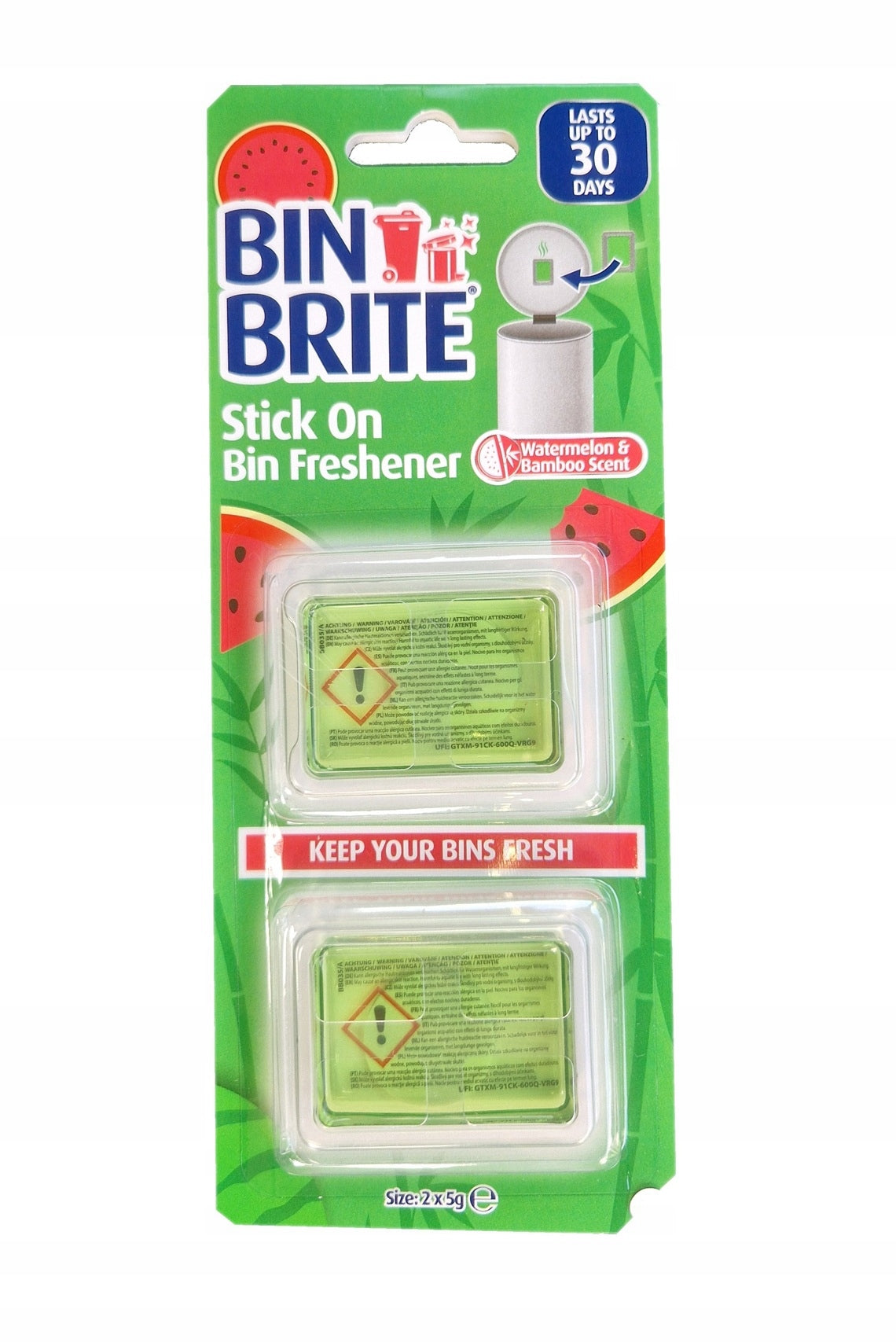 Bin Brite Stick-On Ambientador para Cubo de Basura – Sandía y Bambú | Mantén tu cubo de basura fresco hasta 30 días | Ambientador para cubos de basura
