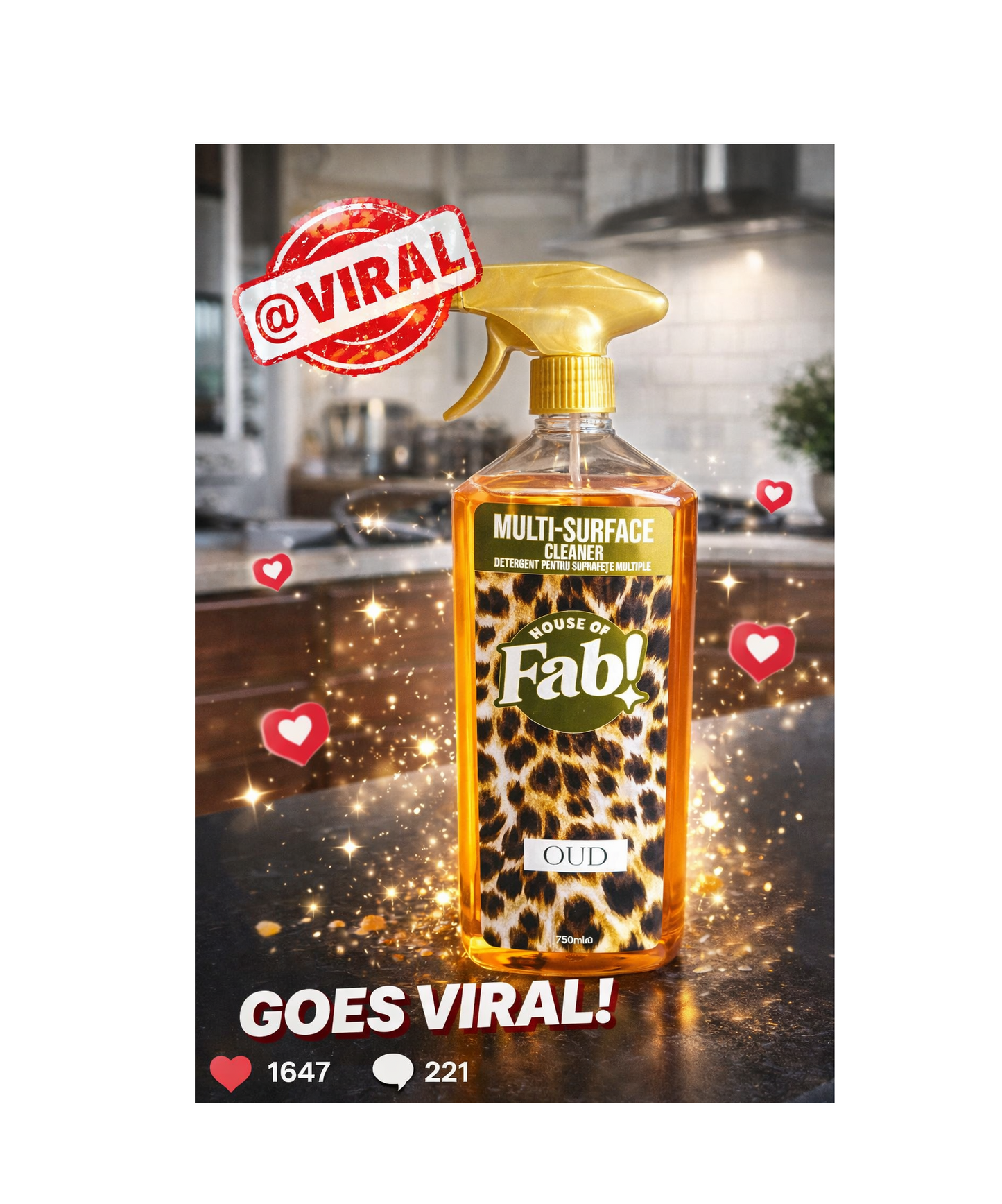 House of Fab čistilo za več površin Oud 750ml – Luksuzni razpršilec za vse površine z intenzivnim vonjem za kuhinjo, kopalnico in notranjost