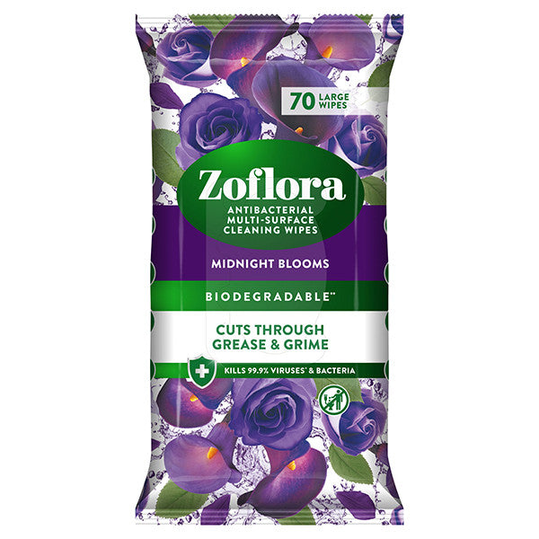 Toallitas de limpieza antibacterianas Zoflora Midnight Blooms (70 toallitas)