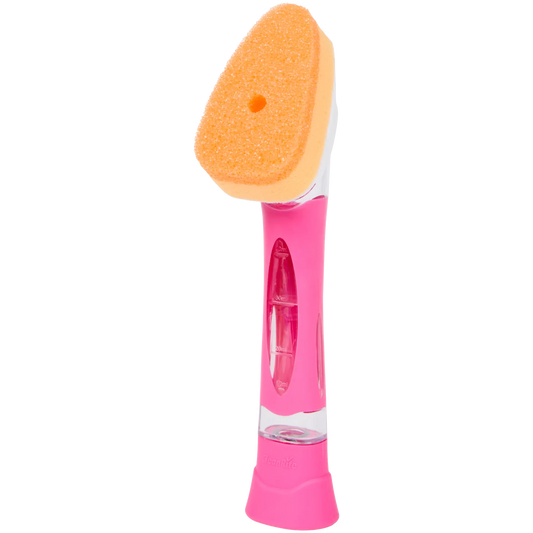 Esponja para lavar platos CleanRite con depósito de jabón – Esponja de cocina con mango – Rosa