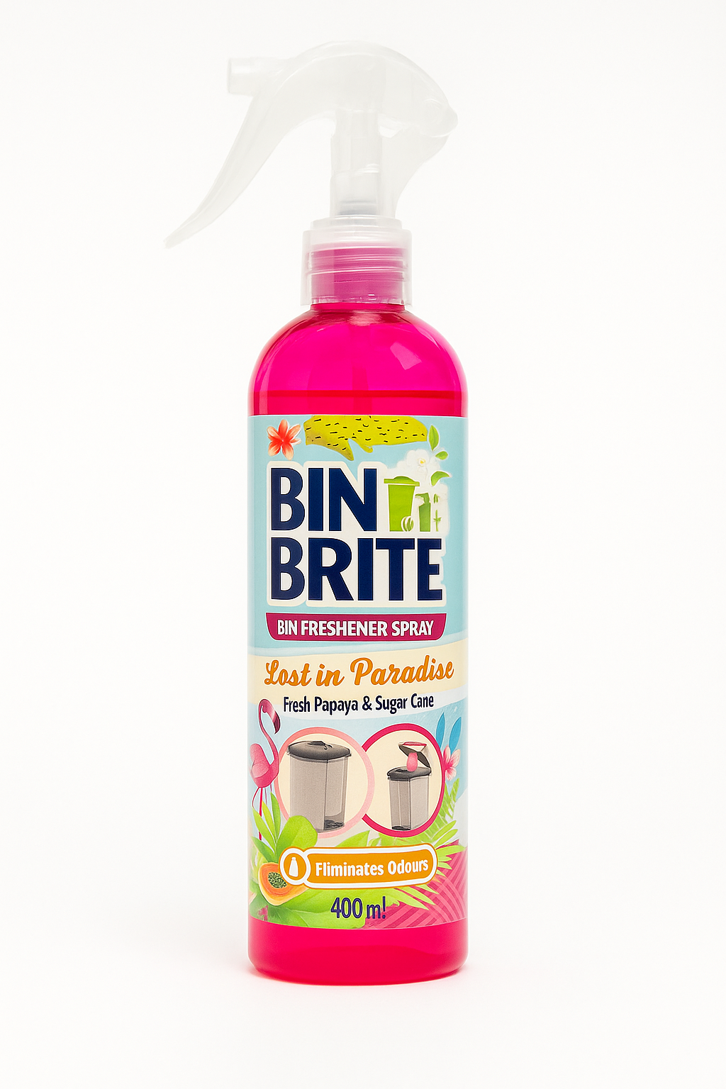 Bin Brite Odświeżacz do kosza na śmieci Spray – Lost in Paradise | 400ml | Papaja & Suikerriet