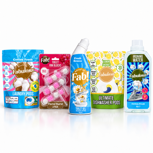 Rutina completa para el hogar Fabulosa – Set de 5 piezas para ropa, vajilla y baño