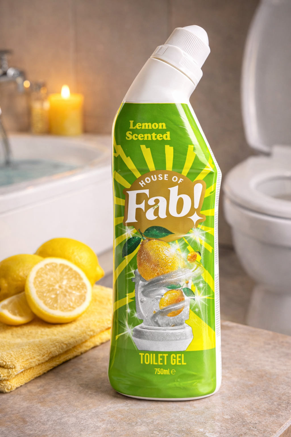 House of Fab Toaletní gel Citron 750 ml – Čistič WC Citron – Silný čistič proti vodnímu kameni, usazeninám a nečistotám – Čerstvý citronový toaletní gel
