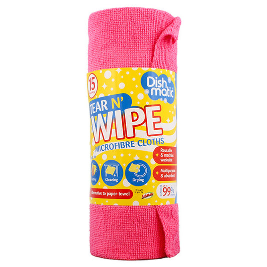 Paños de microfibra Dishmatic en rollo – Sin rayas, reutilizables y duraderos (15 unidades)